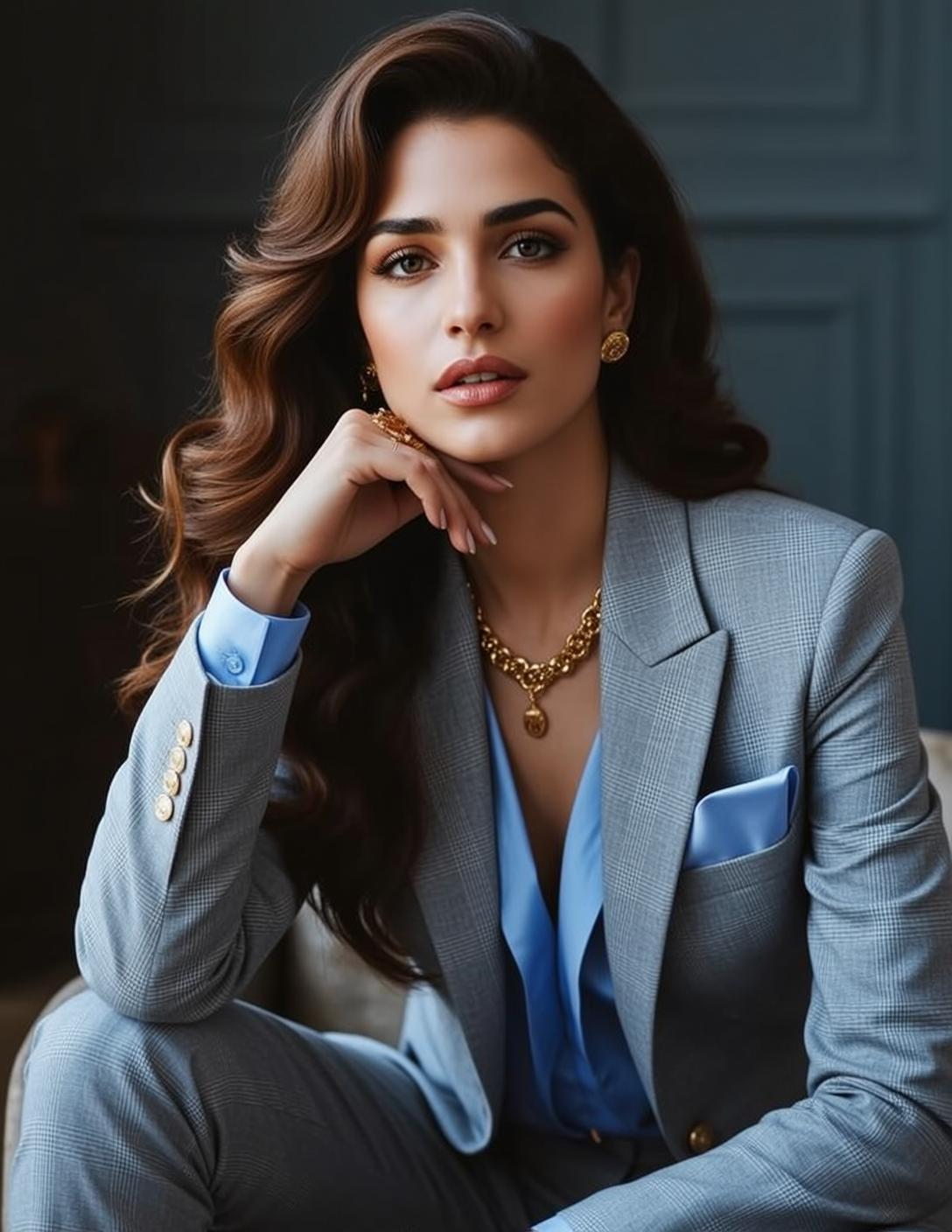 Luxury Long Wavy Brown Fair Blue Button-up