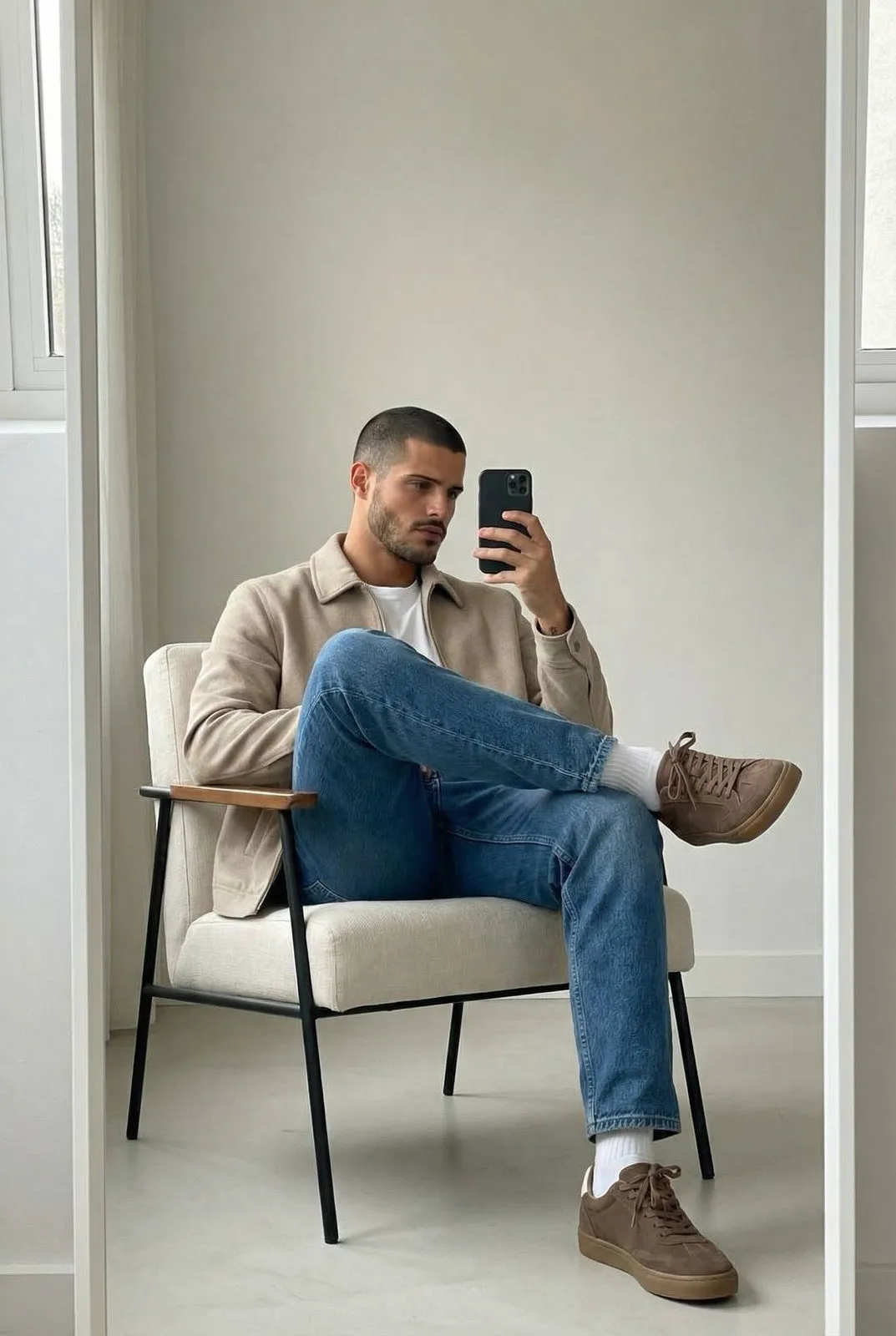 Realistic Man Mirror Selfie Armchair Casual