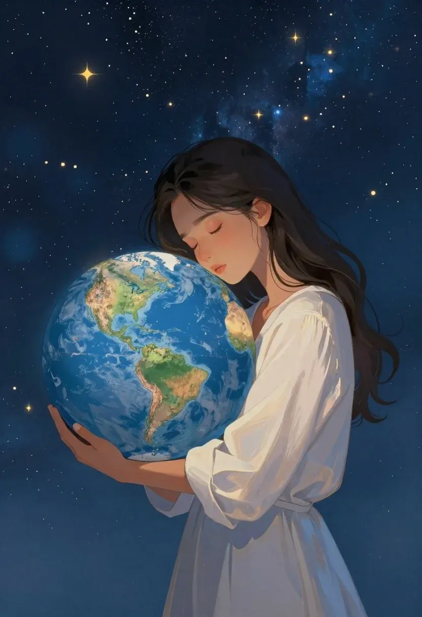 Digital Illustration Woman Tenderly Embracing The Earth Against Starry Cosmos