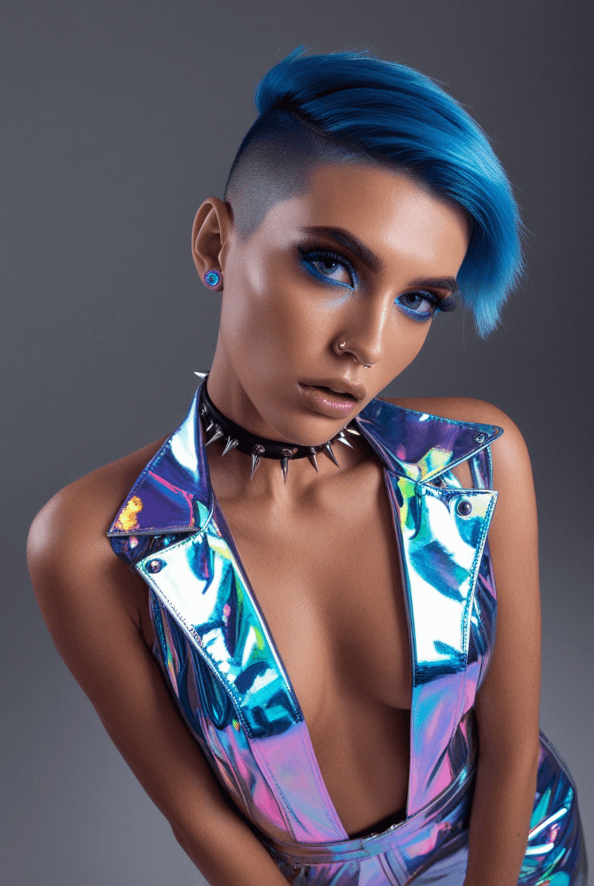 Studio Portrait Electric Blue Pixie Cut Holographic Vest