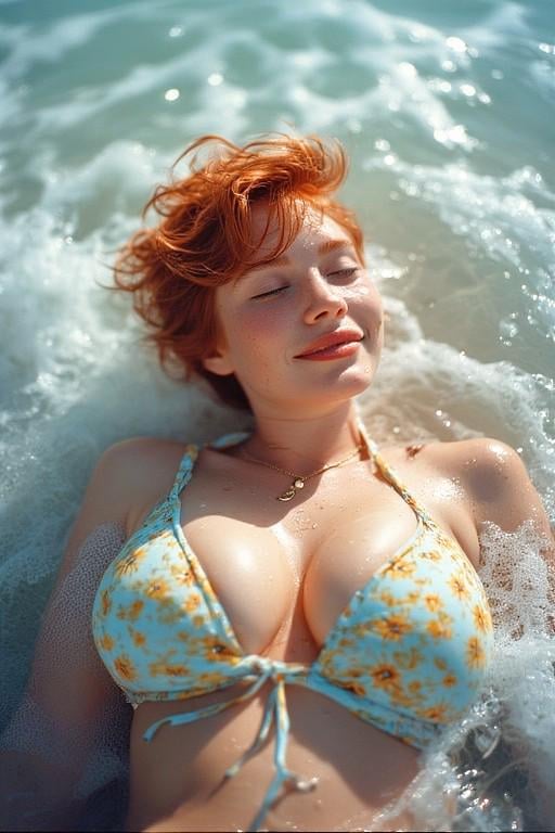 Red Hair Peaceful Beach Portrait Shallow Surf