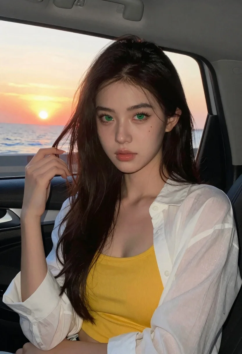 Young Woman With Long Dark Hair Sits Inside Car Looking
