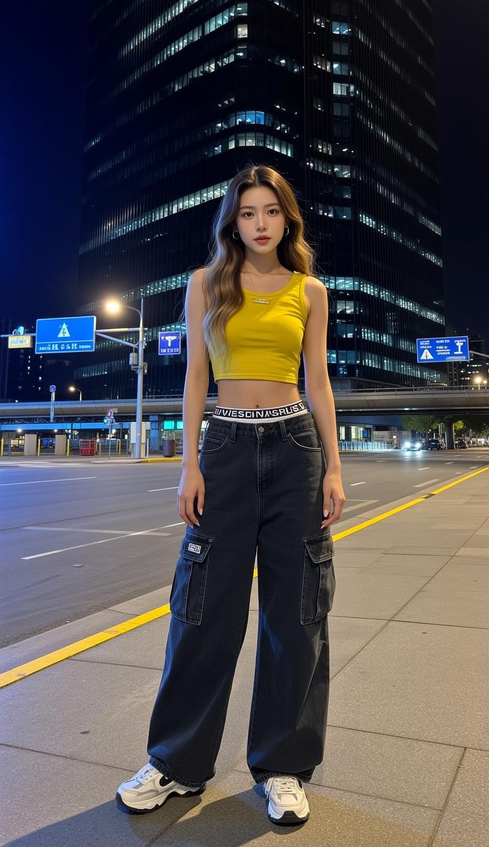 Night City Street Urban Fashion Yellow Tank Top Cargo Jeans