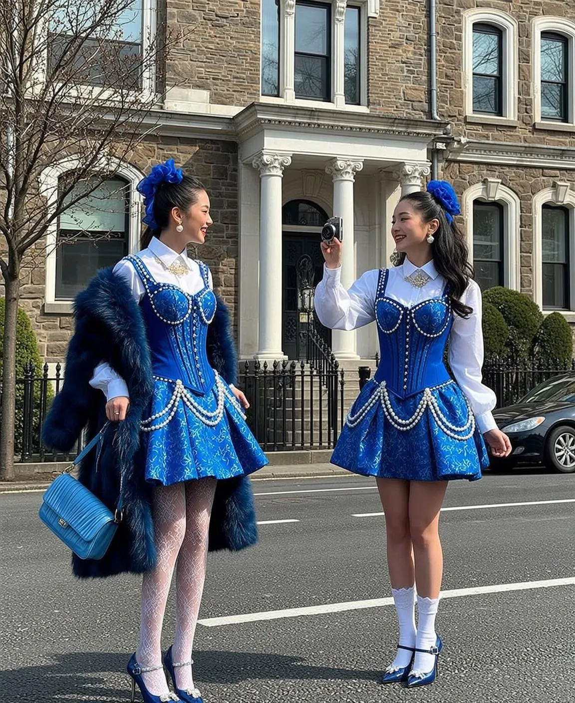 Creative Two Women Stand Paved Street Front