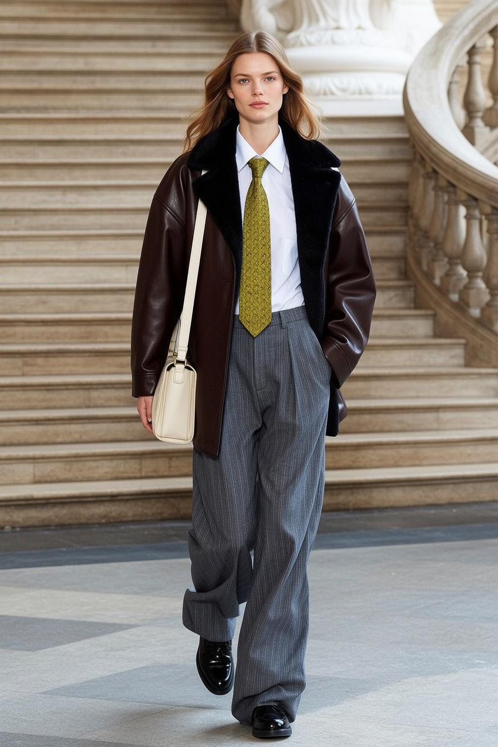 Leather Jacket Tie Staircase Walk