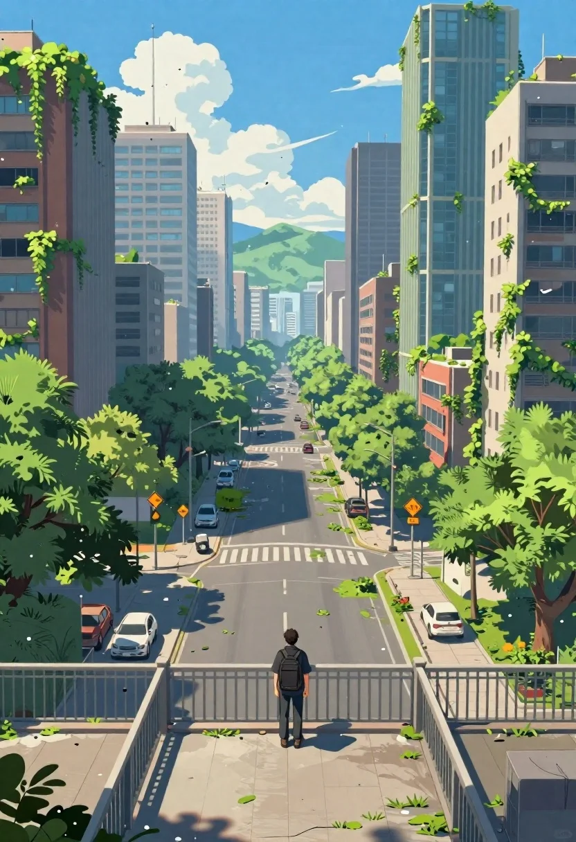 High-angle View Post-apocalyptic Cityscape Where Nature Has Reclaimed The Urban reference photo