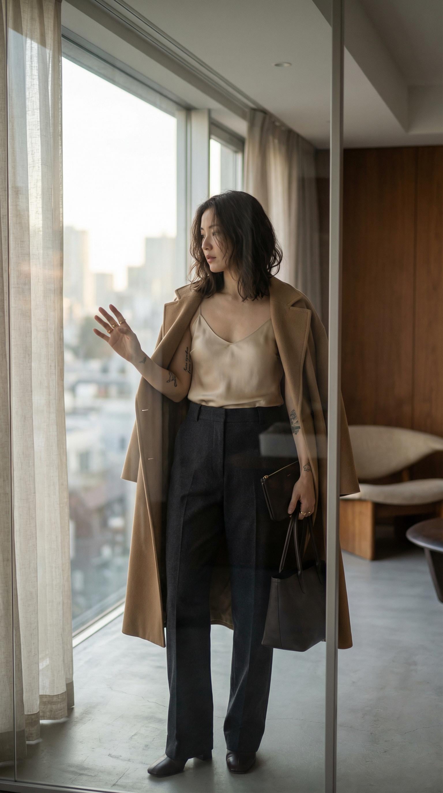 Camel Coat By Window With Cityscape