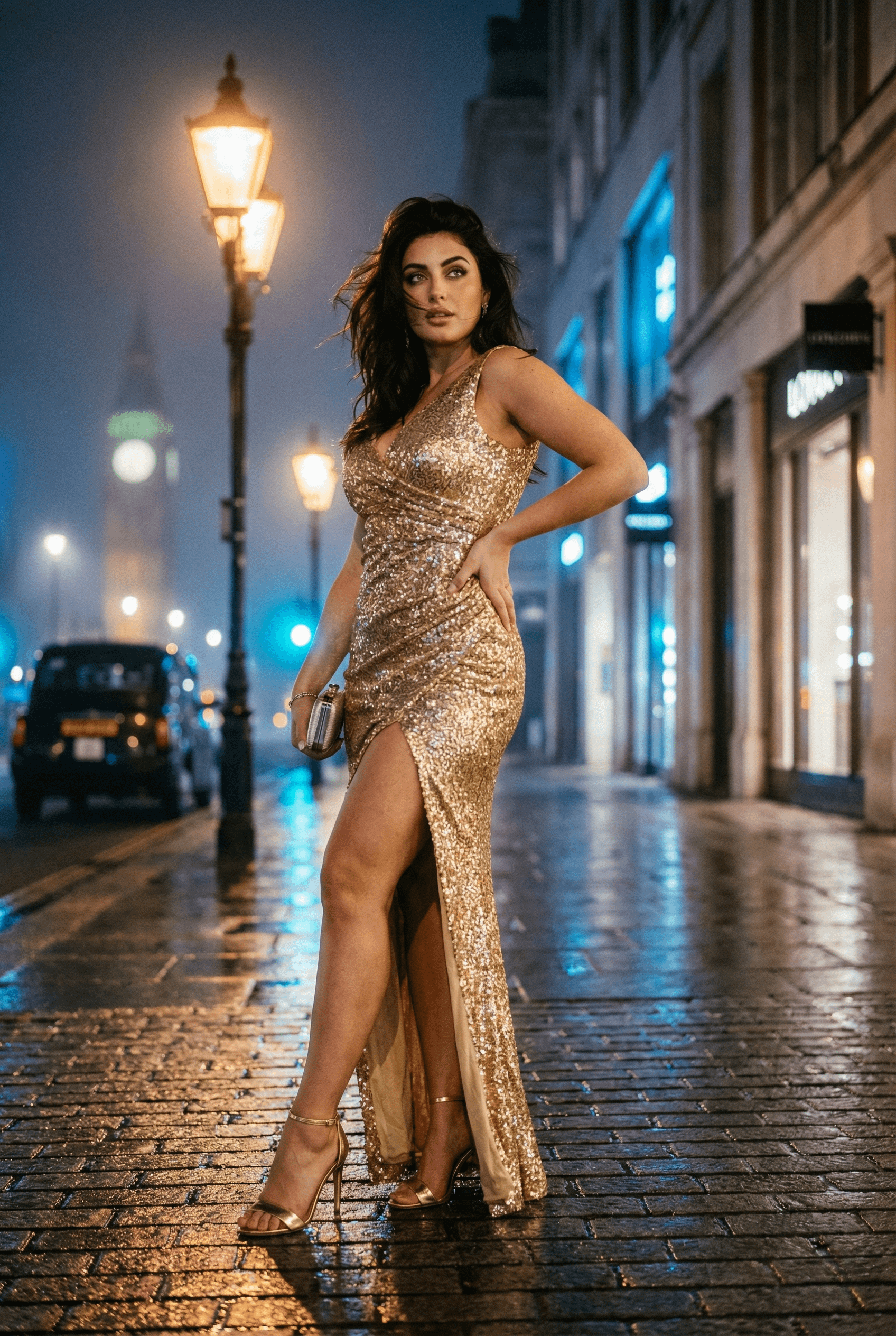 Realistic London Sequin Gown Street Portrait reference photo