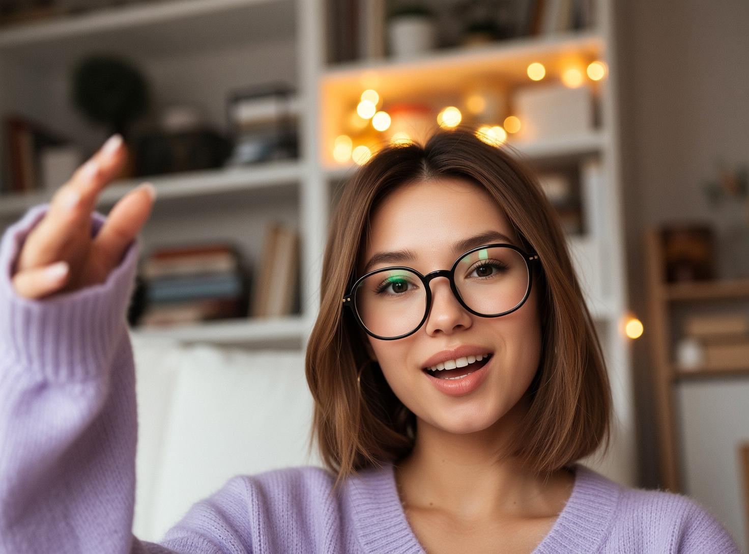 Lavender Sweater Bookshelf Smile