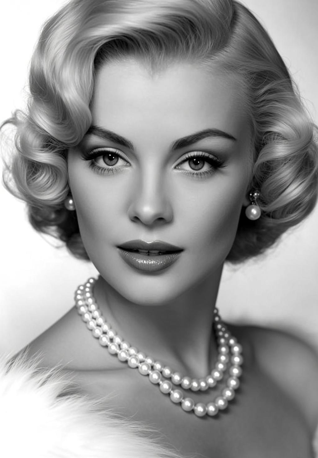 Black And White Medium Close-up Portrait Glamorous Woman With Perfectly