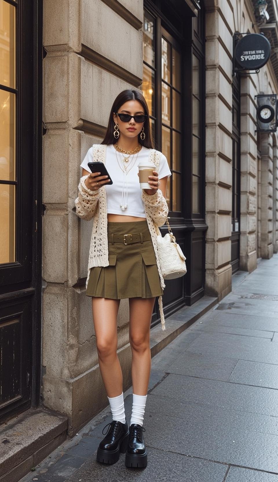 White Crop Top and Green Mini Skirt on City Street