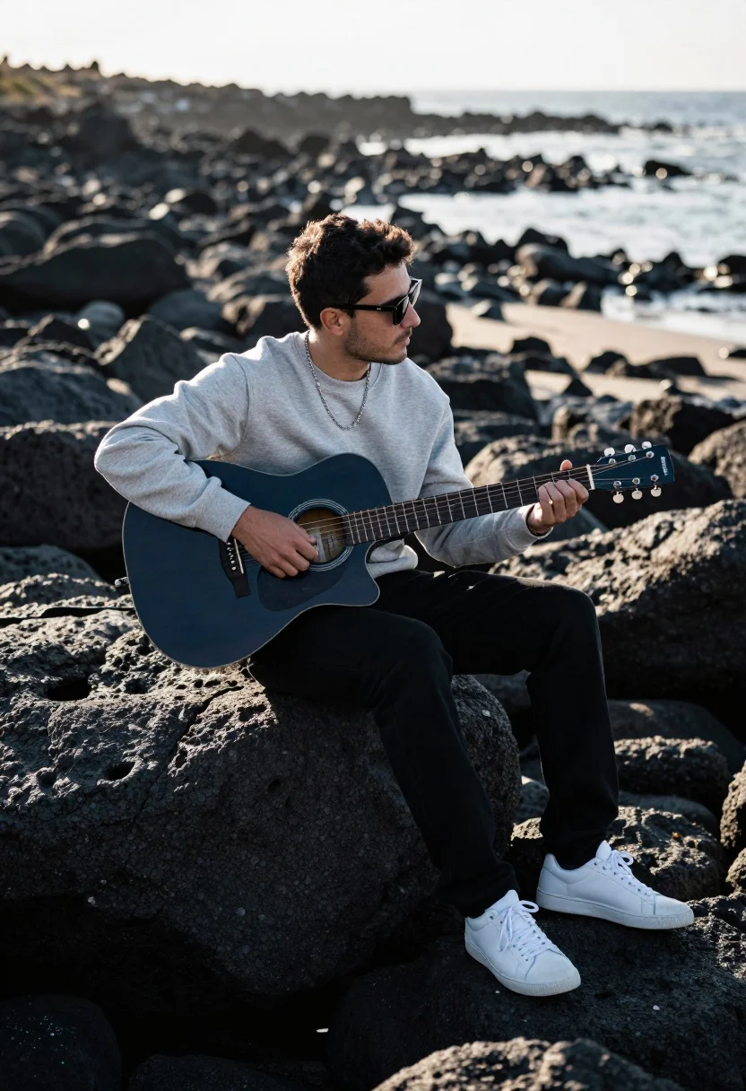 Man Sits Rocky Beach Holding Acoustic Guitar Subject Man With