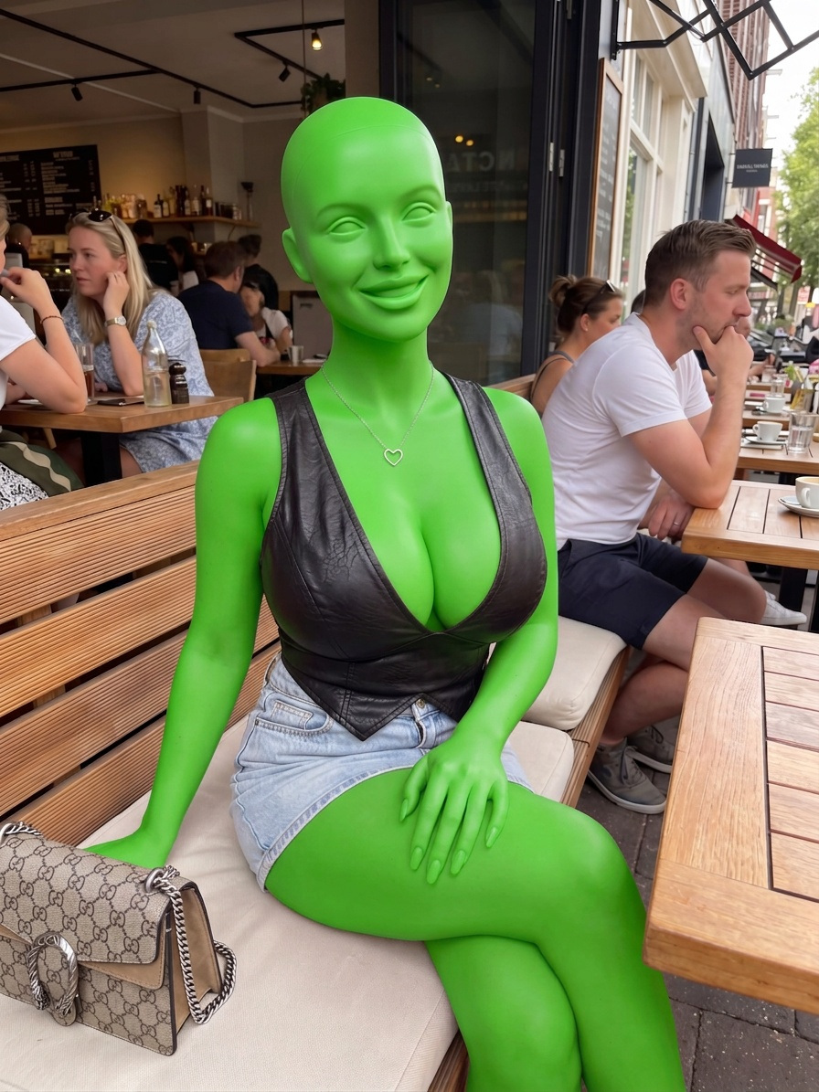 Template for Black Leather Top Portrait At Cafe Patio