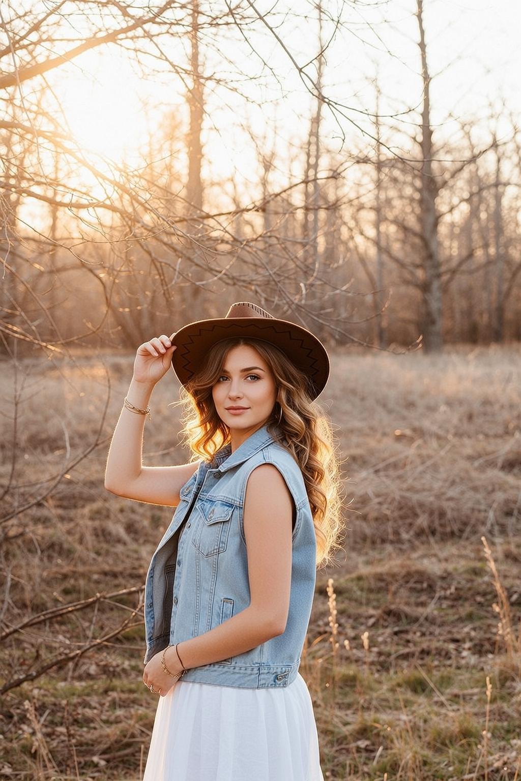 Denim Vest Pleated Skirt Sunset