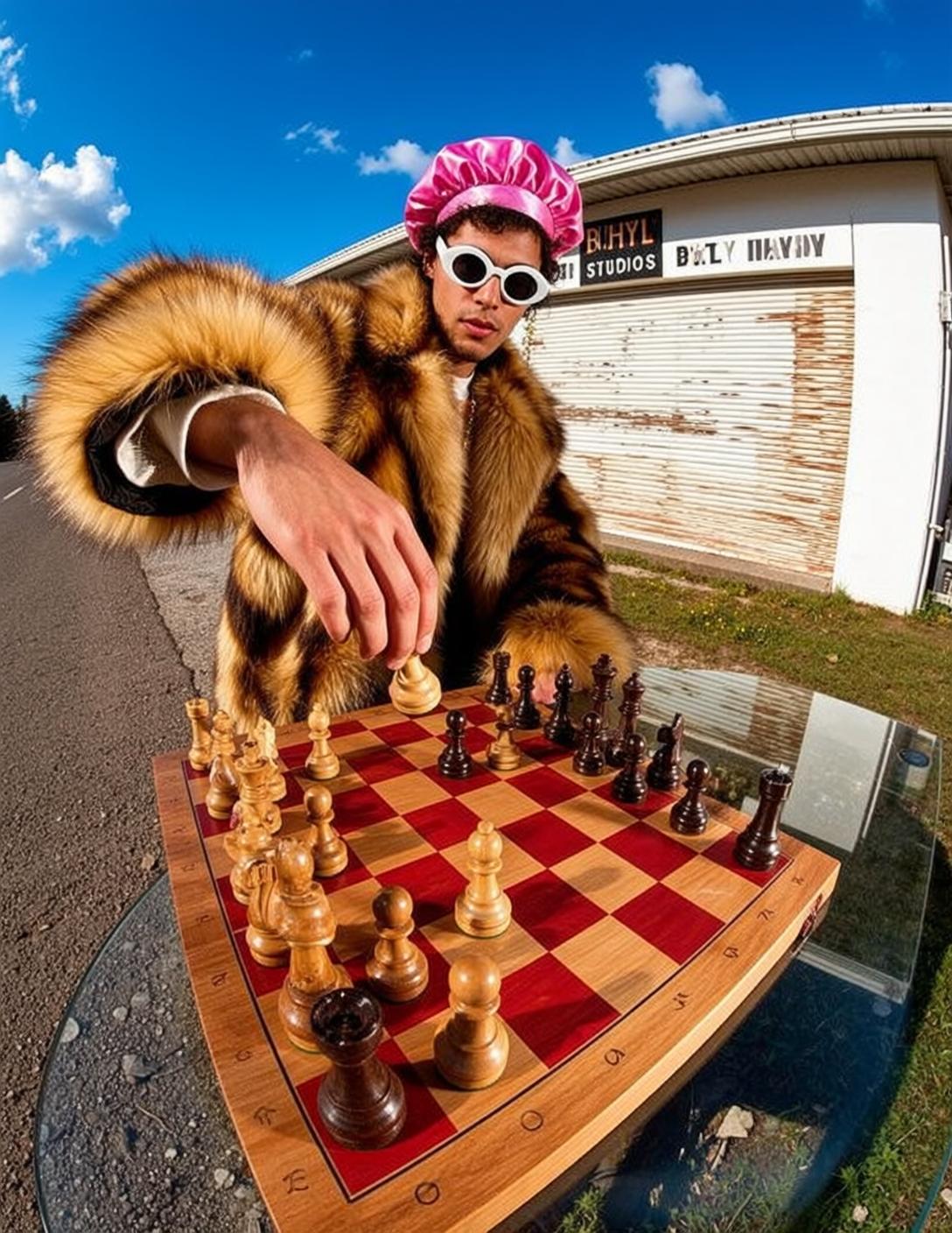 Faux Fur Coat Playing Chess Outdoors