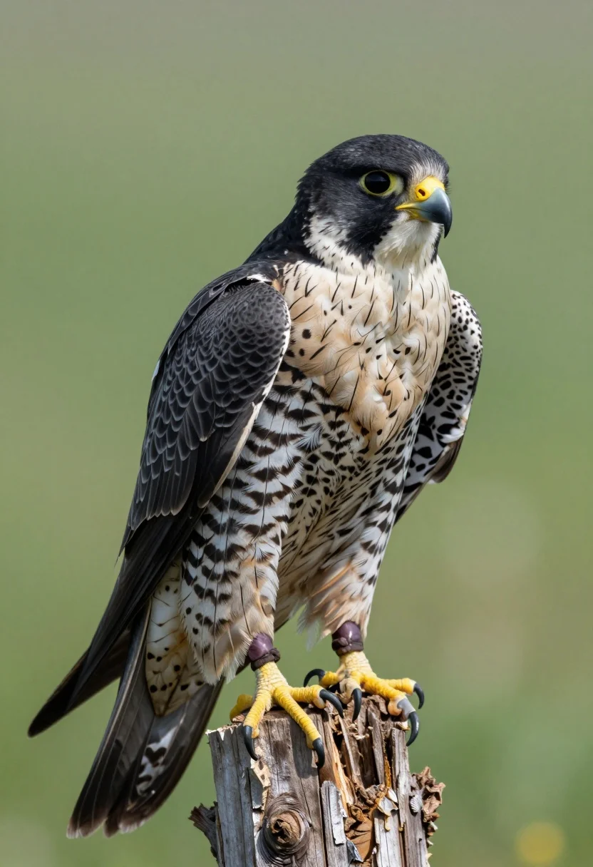 Sharp-eyed Falcon Perched Alertly Weathered Wooden Stump Against Soft Green