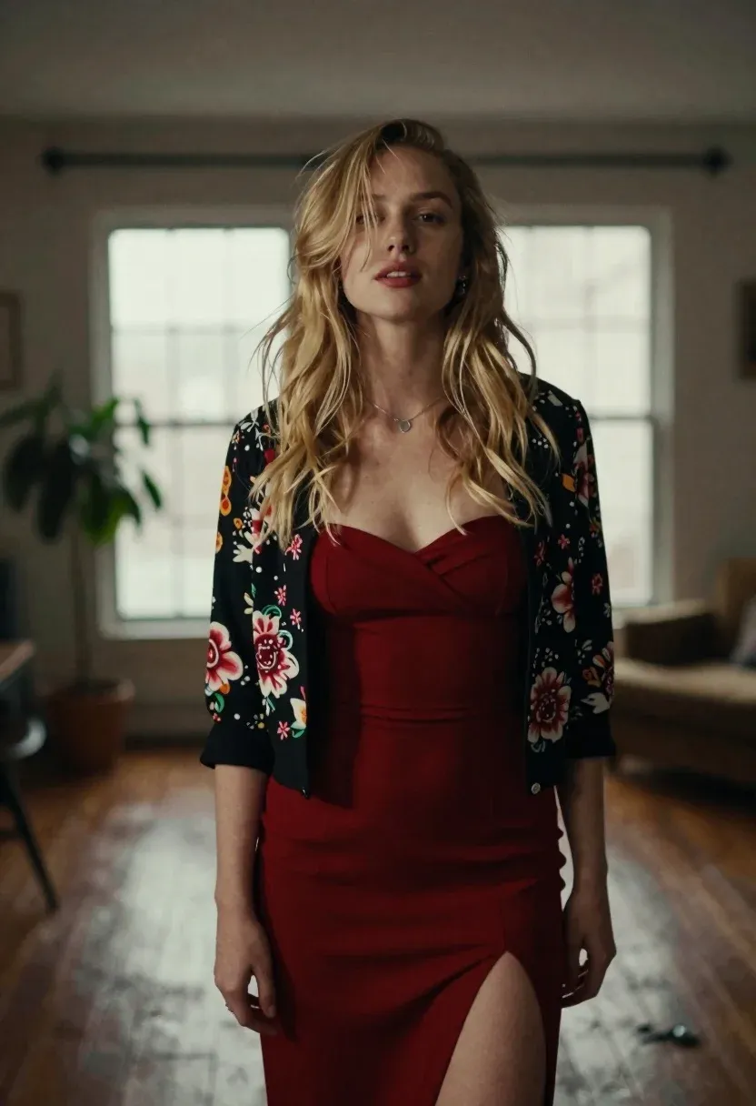 Woman With Long Blonde Hair Stands Dimly Lit Room Wearing