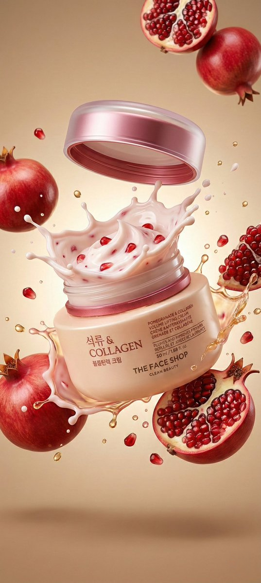 A dramatic splash of pale pink cream bursting upward from a jar, surrounded by red pomegranates with glistening arils and golden droplets.