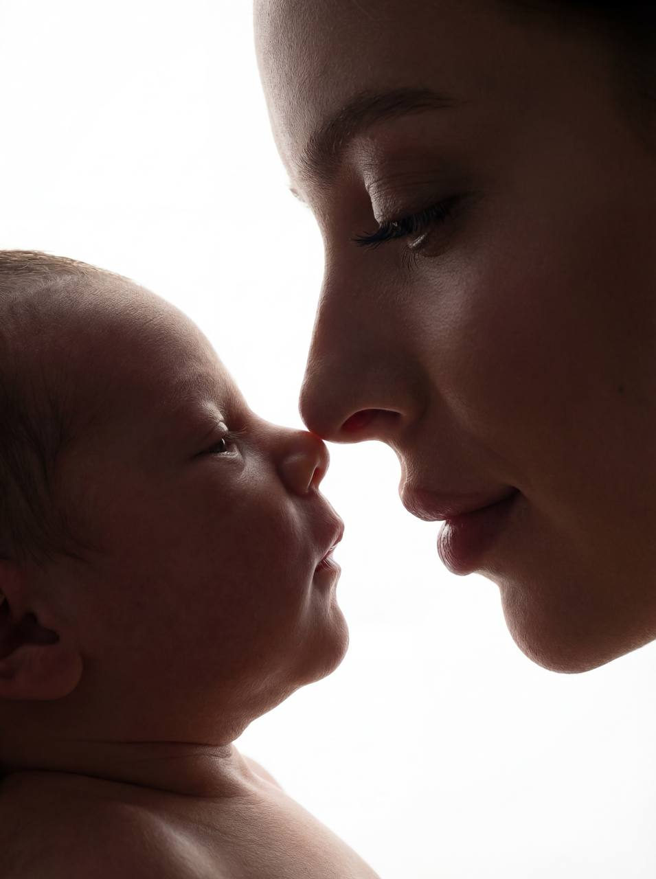 An intimate close-up of a mother and newborn baby in side profile, showcasing soft silhouettes and emotional lighting.