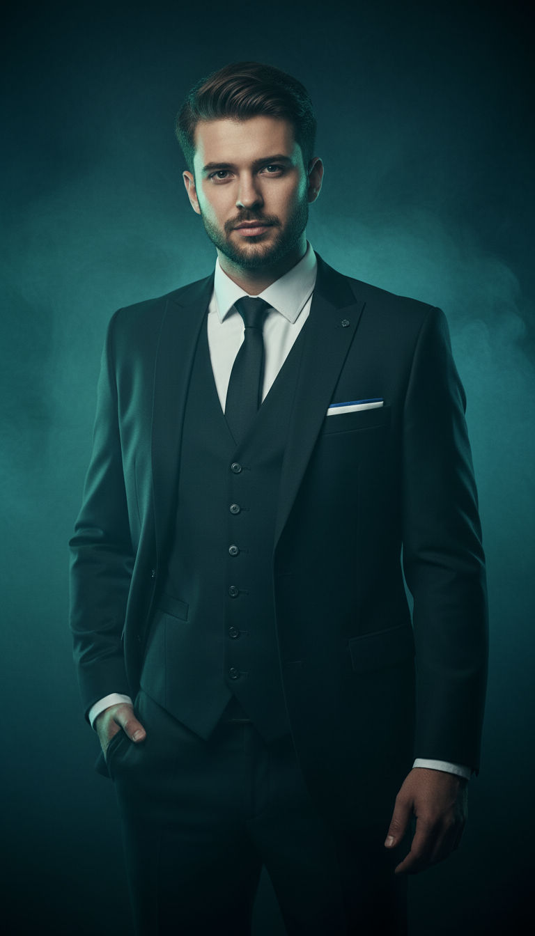 A man in a dark three-piece suit with a serious expression stands center-frame, illuminated by blue-green ambient light in a smoky setting.