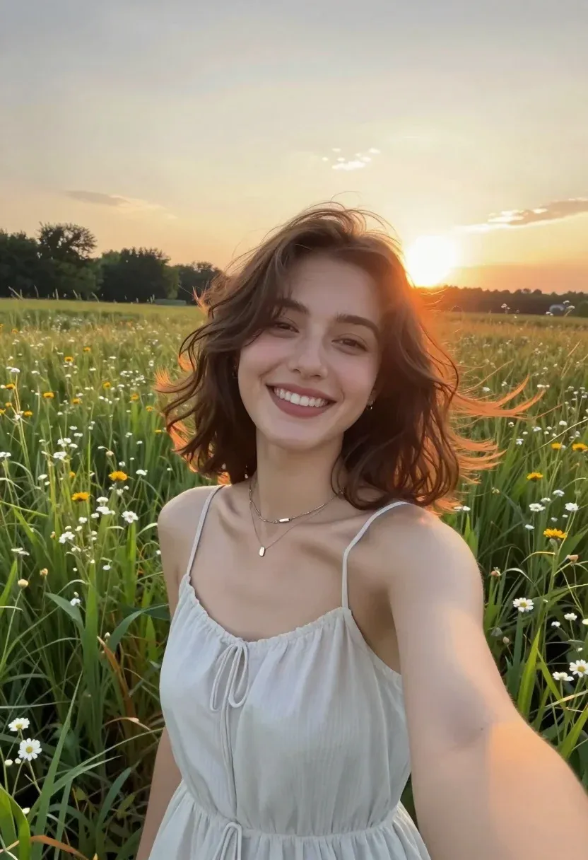 Young Woman With Wavy Brown Hair Takes Selfie Sunlit Meadow