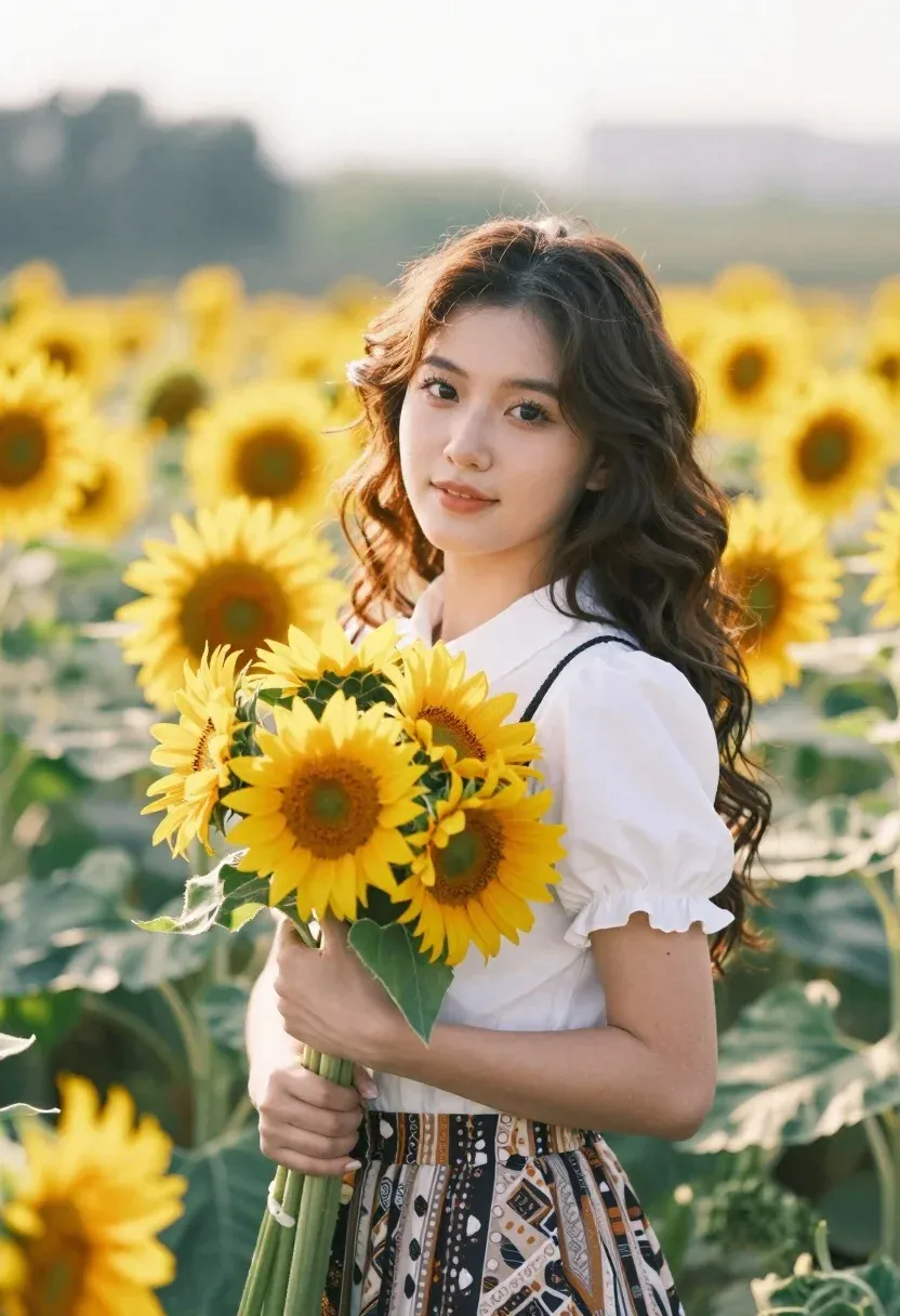 Young Woman With Long Wavy Brown Hair Stands Sunflower Field