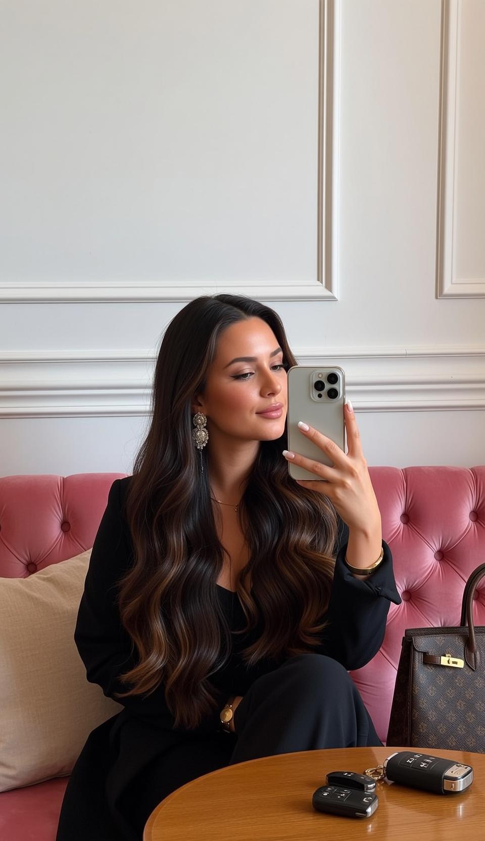 Black Suit Pink Sofa Selfie