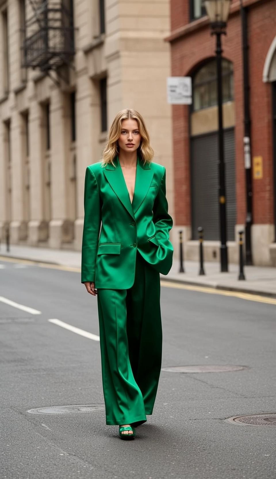 Blonde Woman Green Satin Suit City Street Fashion