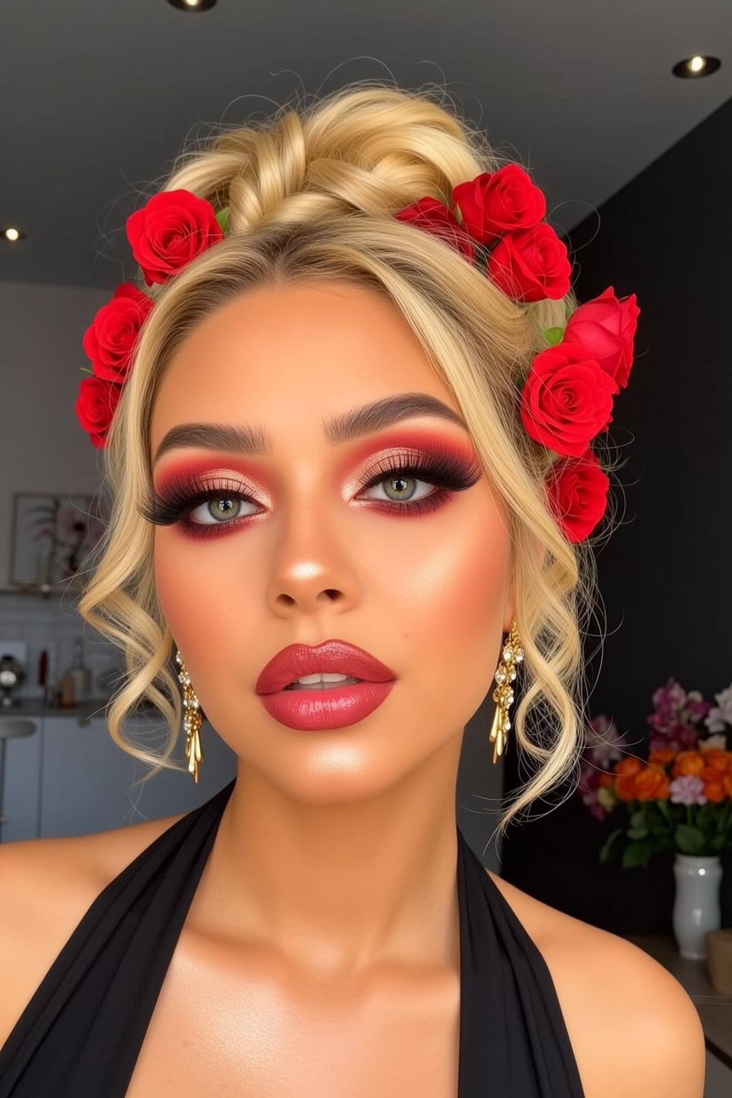 Halloween Makeup Young Blonde Updo Curls Decorated