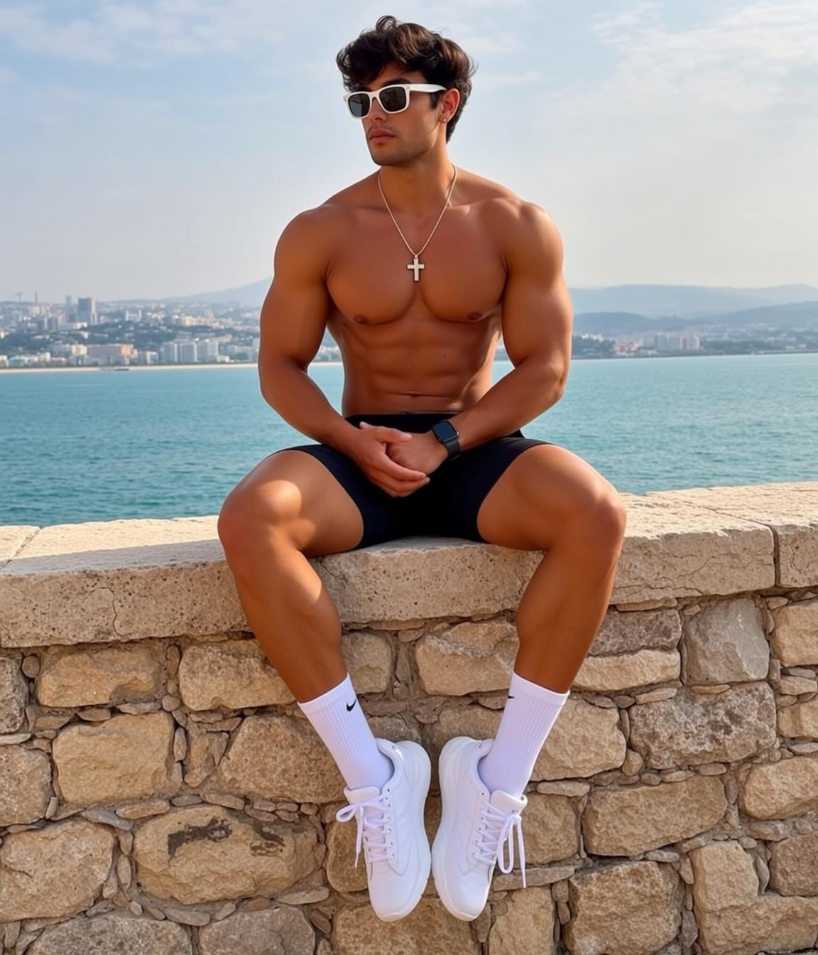 Muscular Dark Curly Tanned Black Athletic Shorts