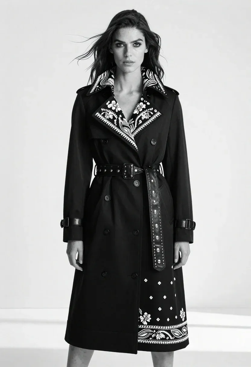 Full-body Studio Portrait Woman Wearing Elaborate Black Coat With High-contrast