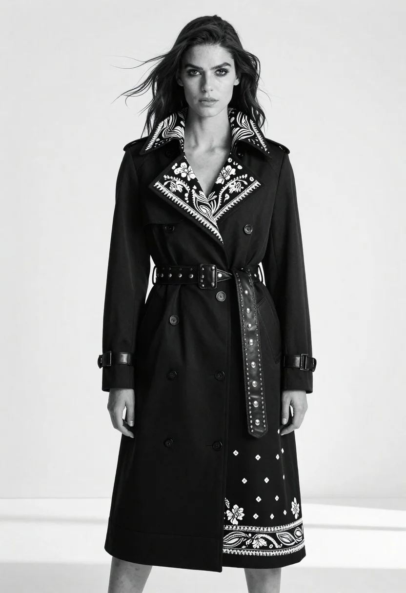 Full-body Studio Portrait Woman Wearing Elaborate Black Coat With High-contrast