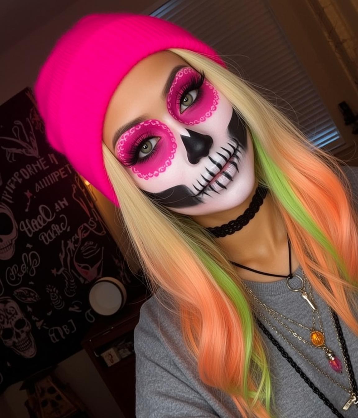 Halloween Makeup Sugar Skull Long Blonde Hair