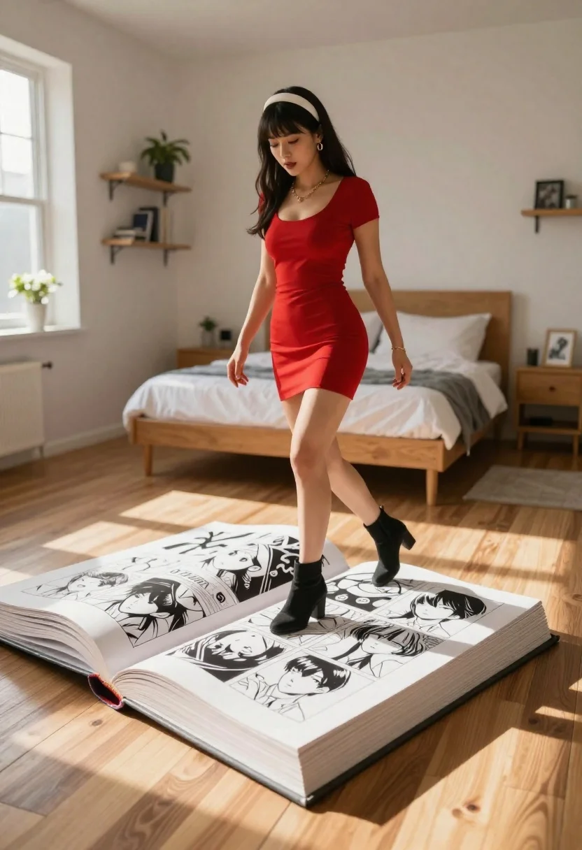 Ultra-realistic Photo Woman Stepping Onto Oversized Open Manga Book The reference photo