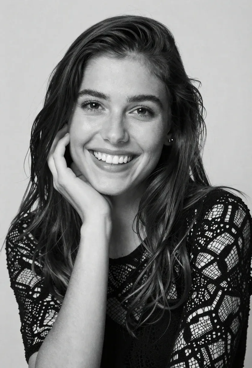 Black And White Portrait Smiling Woman With Long Dark Hair