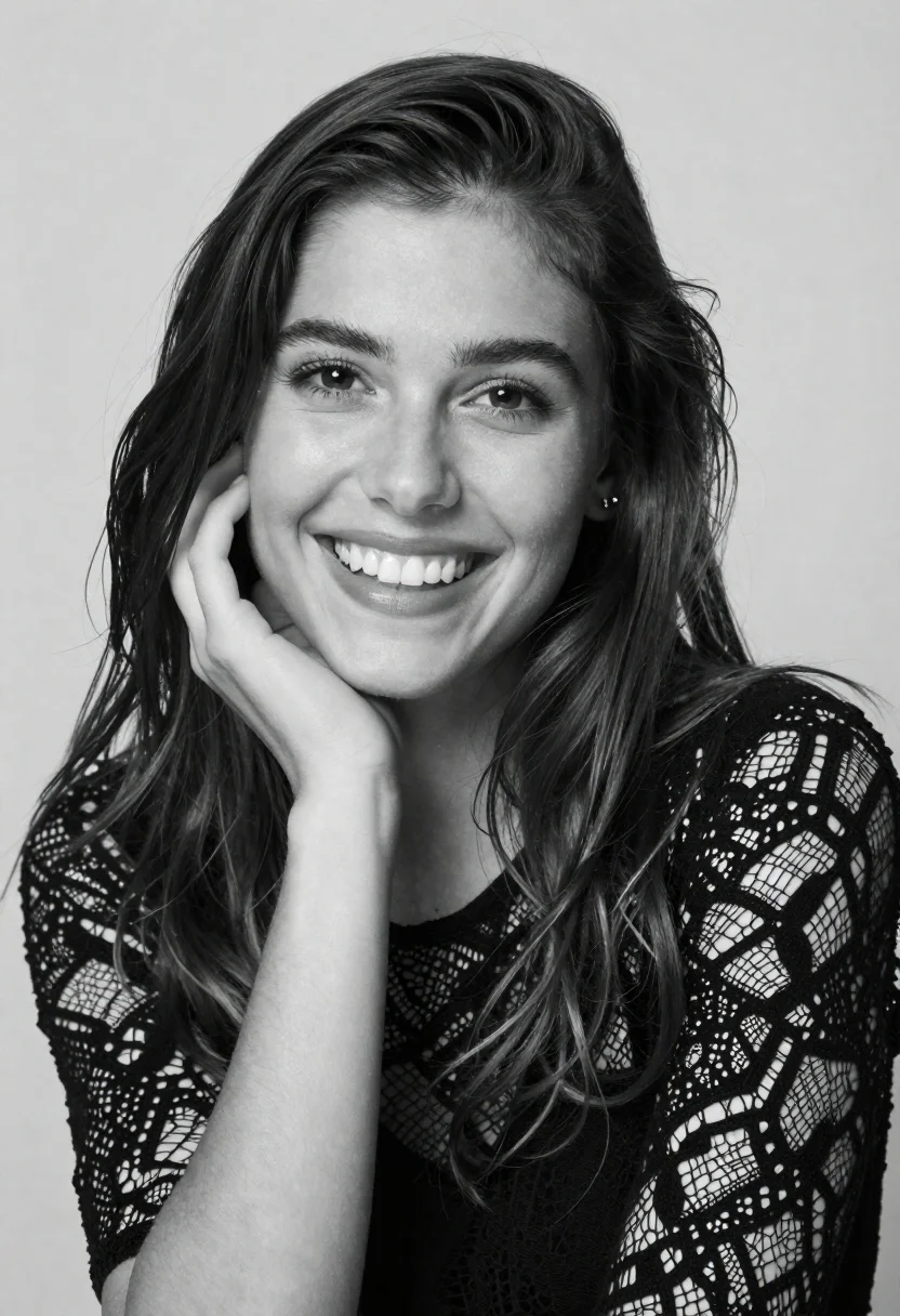 Black And White Portrait Smiling Woman With Long Dark Hair reference photo