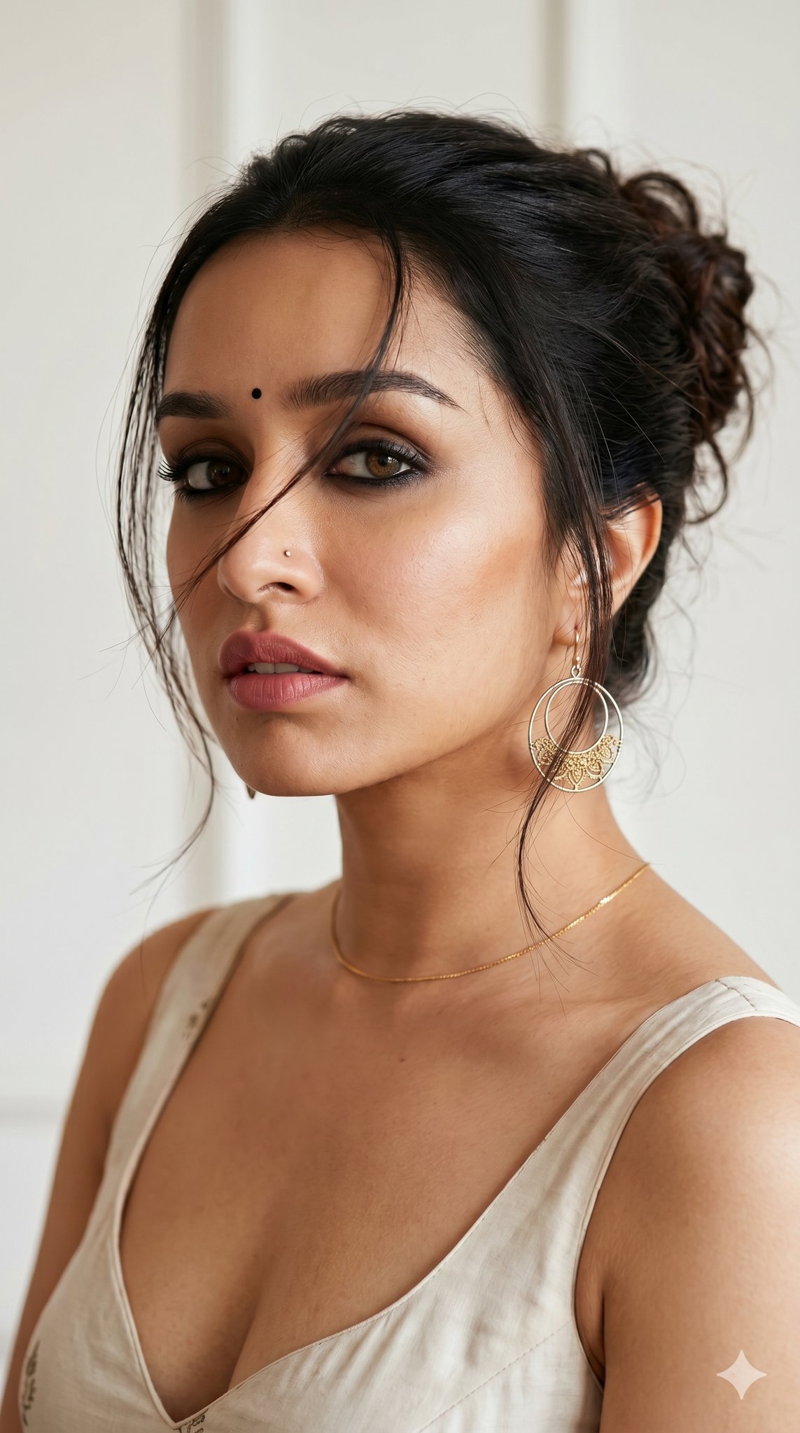 Smoky Eye Gold Jewelry Linen Outfit