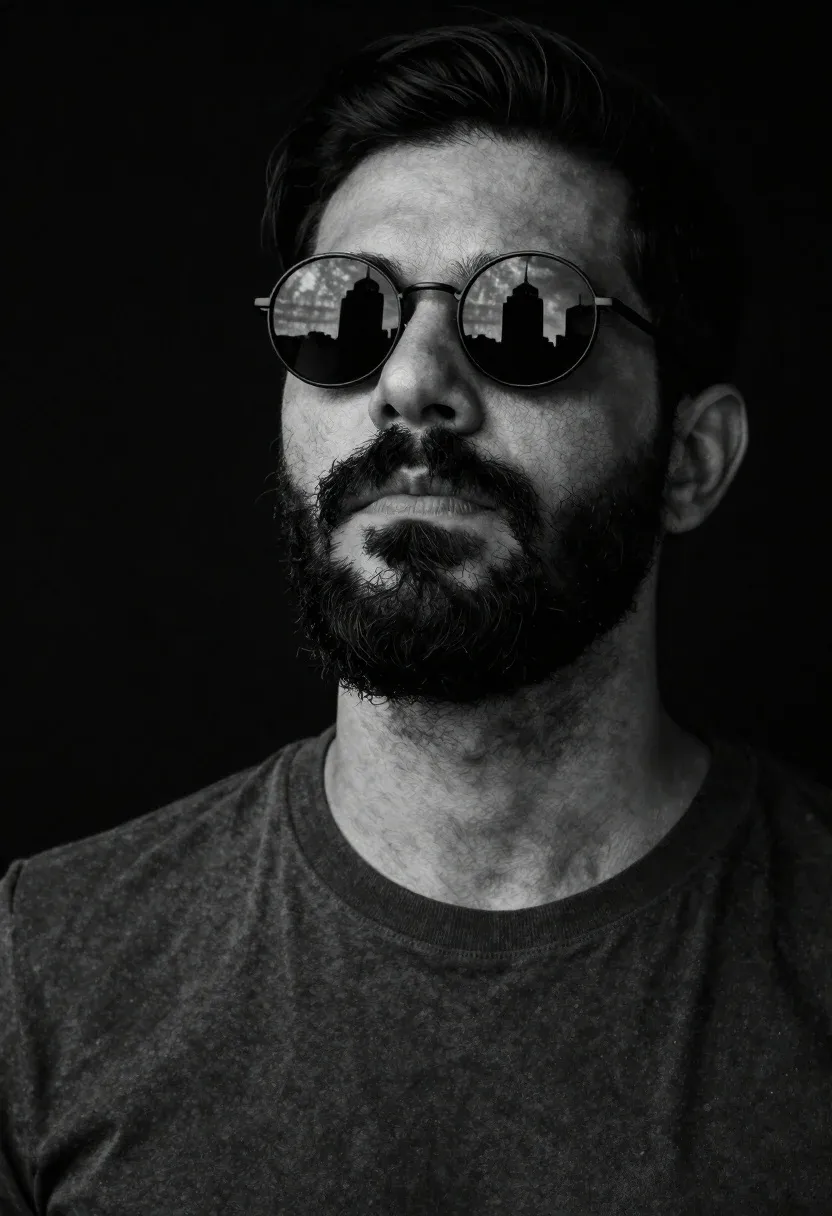 High-contrast Black-and-white Close-up Portrait Man With Dark Hair And Thick