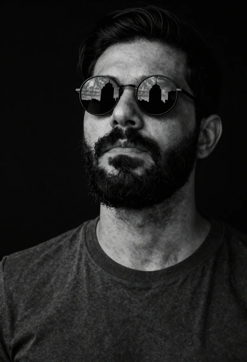 High-contrast Black-and-white Close-up Portrait Man With Dark Hair And Thick reference photo