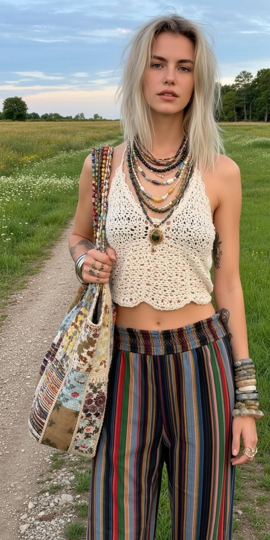 Blonde Woman White Crochet Top Striped Pants Golden Hour Field