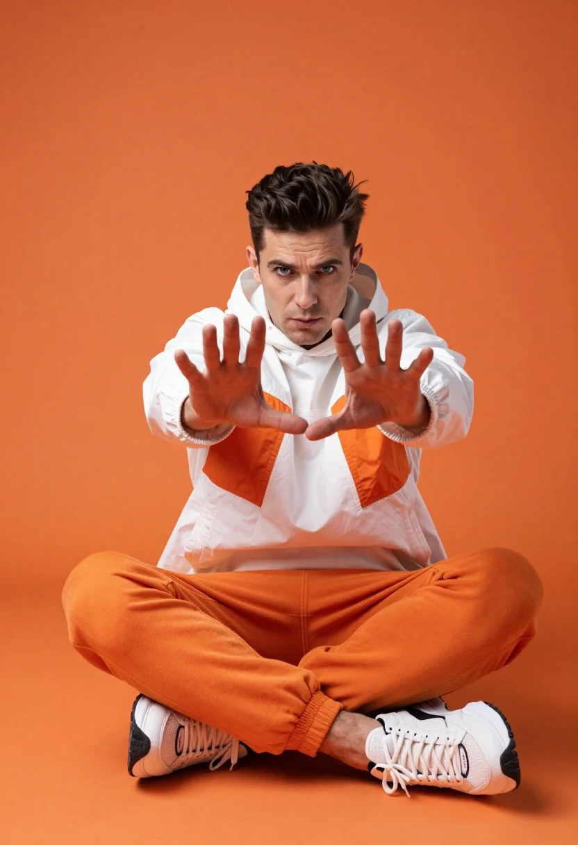 Man Sits Cross-legged Against Solid Orange Backdrop Extending Both Hands