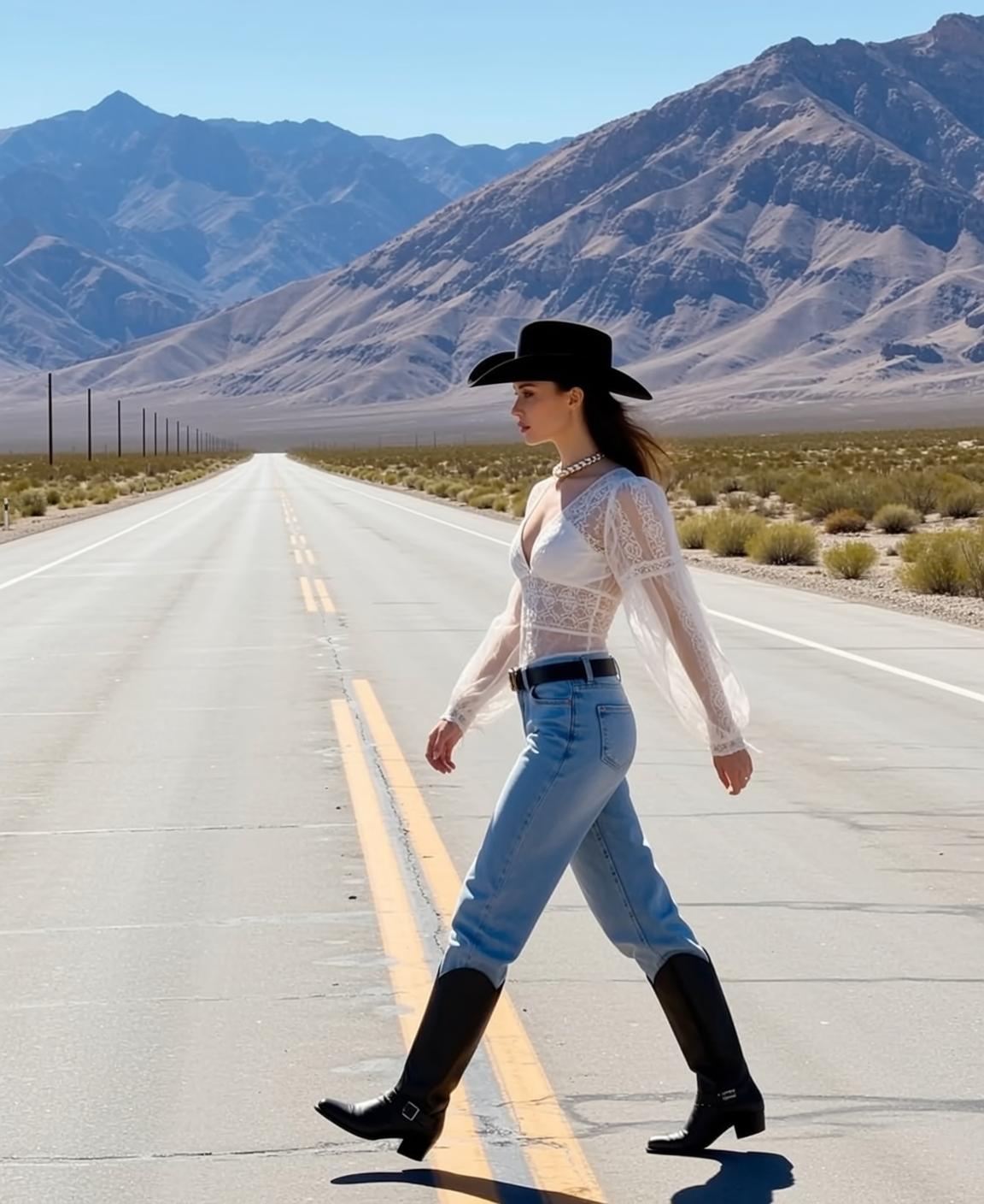 Cowgirl Walks Right Left Desolate Desert Highway