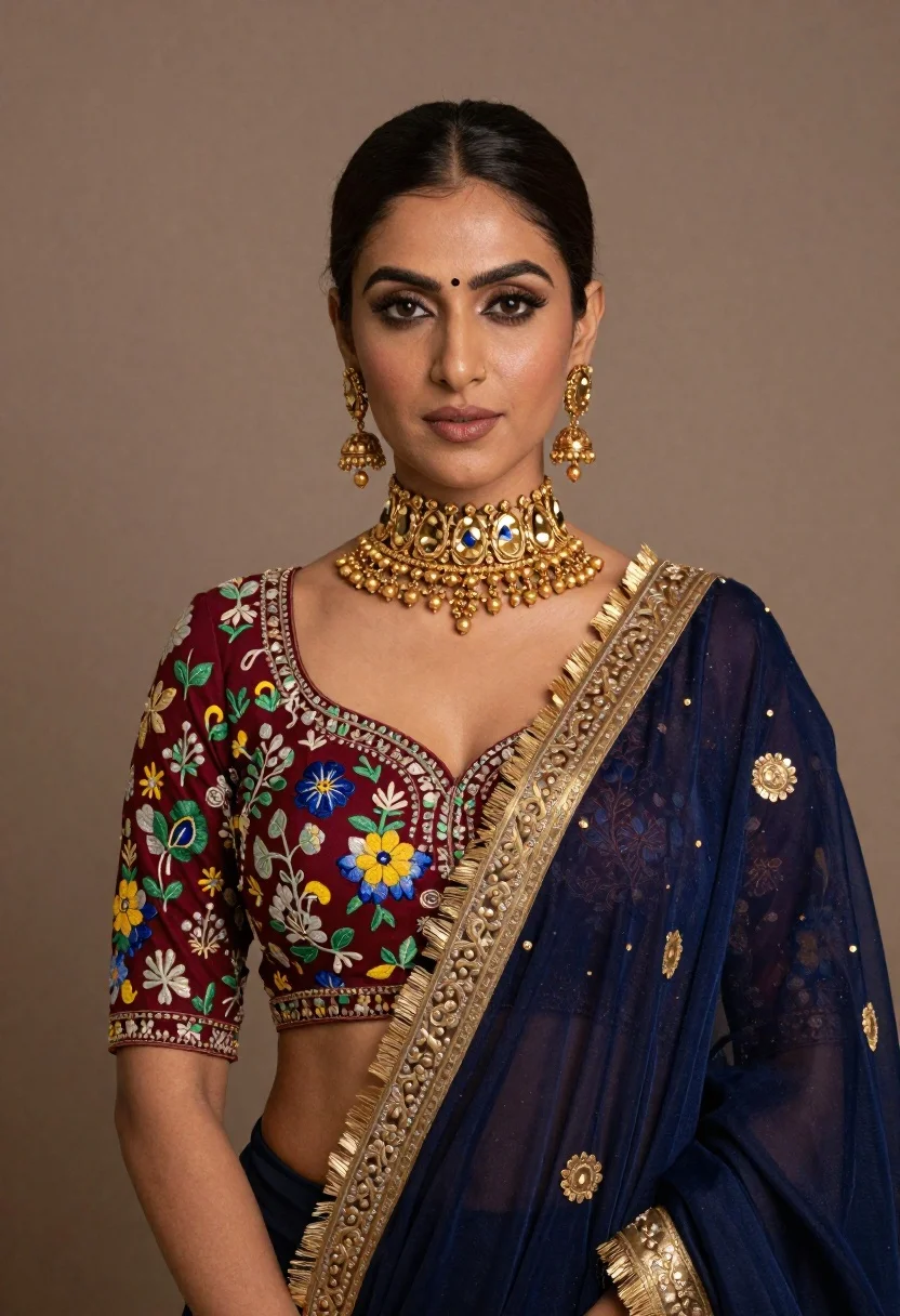 Confident Woman With Dark Hair Pulled Back And Bindi Her reference photo