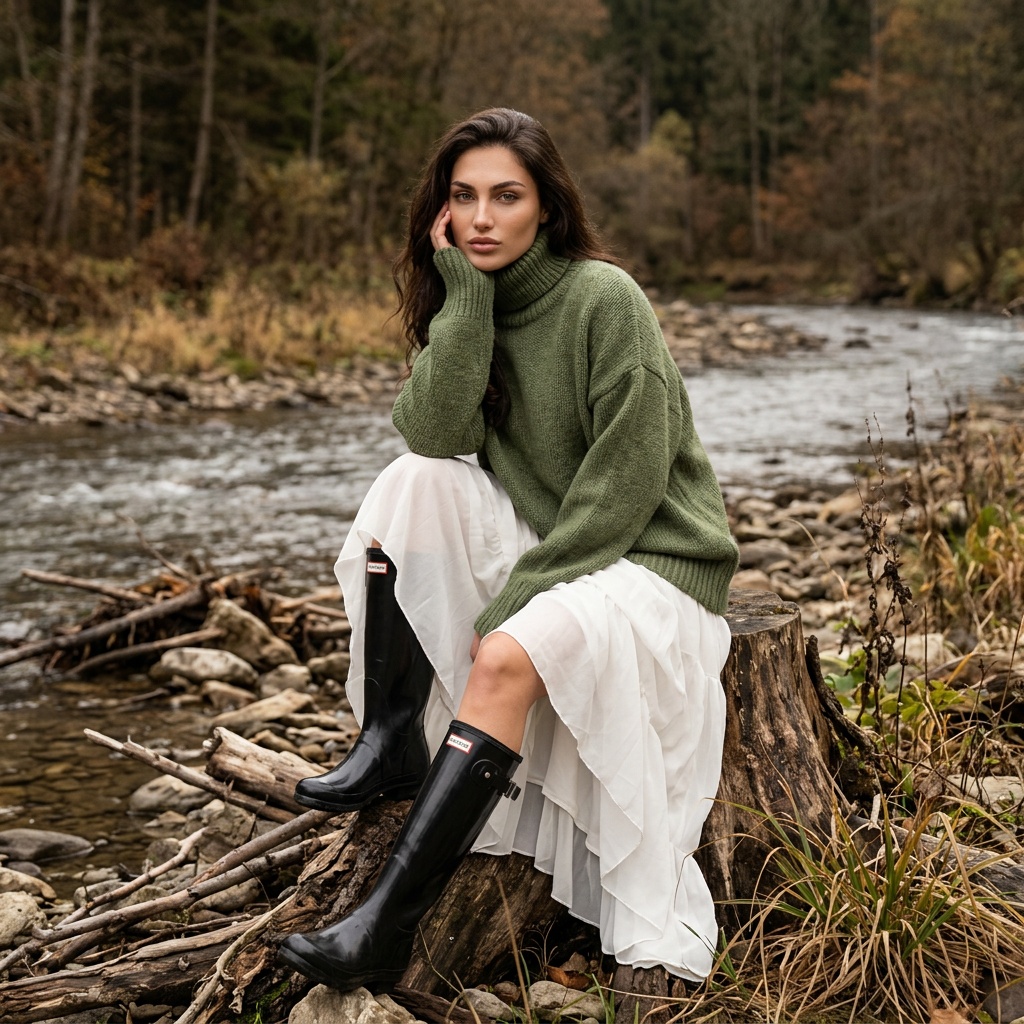 Woman in oversized moss green sweater sitting on a tree stump beside a river, calm expression, autumn scenery.