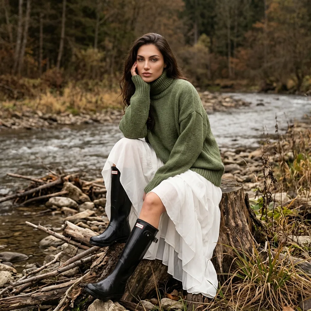 Autumn River Stump Portrait Moss Green Sweater