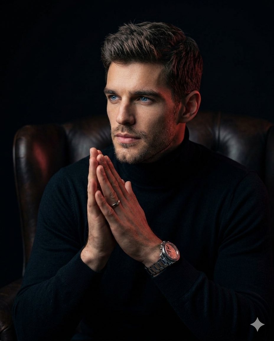 A man in a turtleneck and luxury watch, seated in a dark setting, displaying a thoughtful expression with hands clasped.