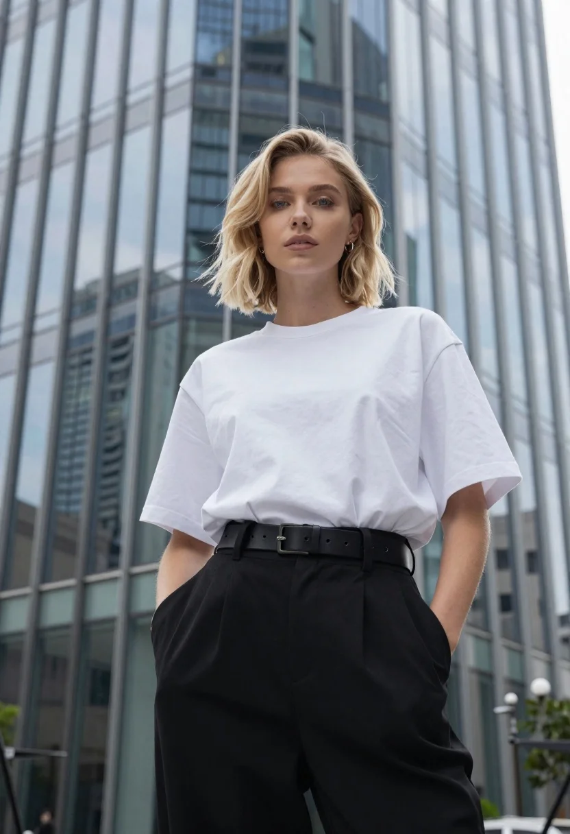 High-angle Shot Young Woman Standing Confidently Front Modern Glass Skyscraper reference photo