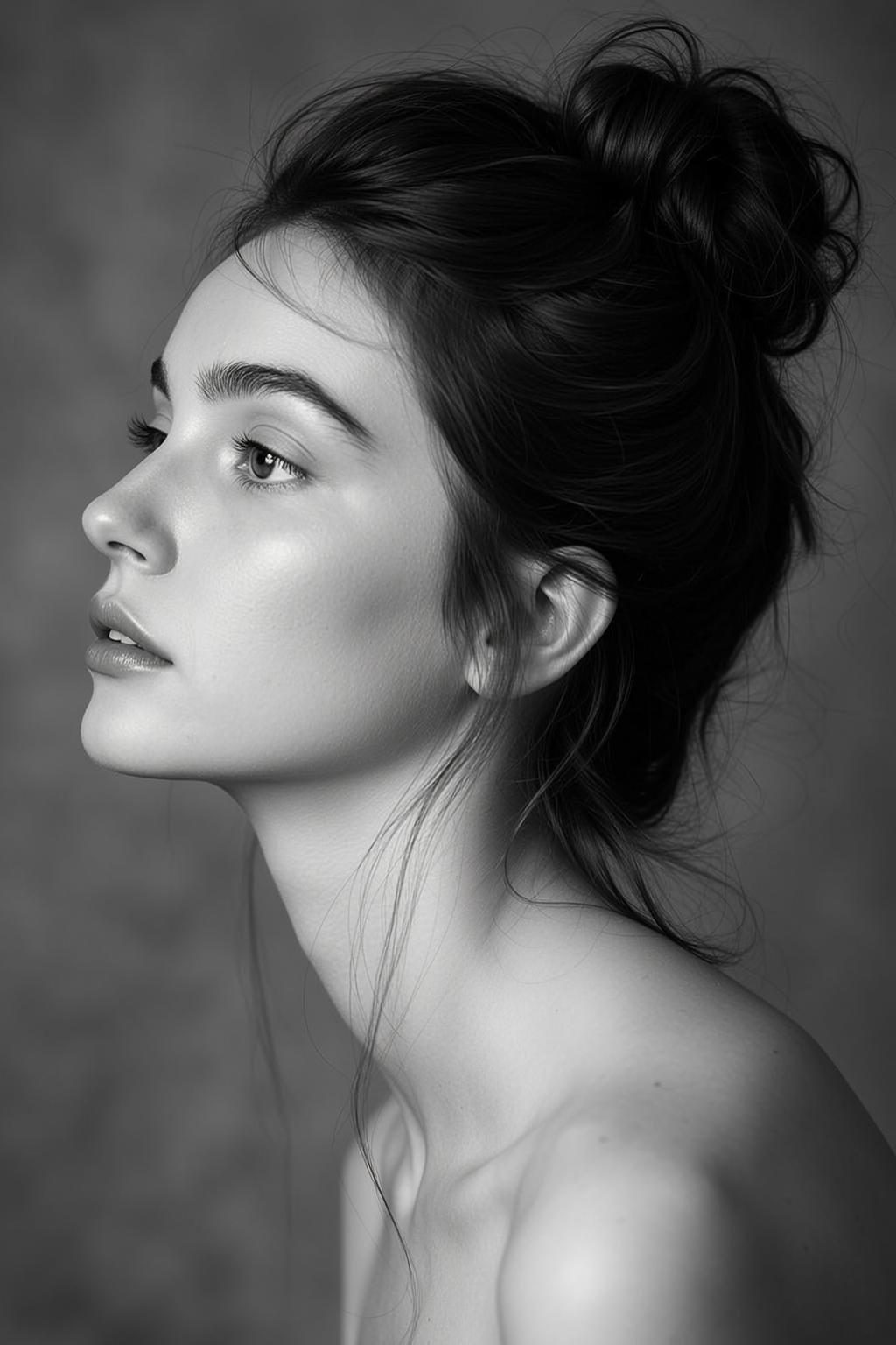 Photorealistic Black And White Medium Close-up Portrait Young Woman Profile