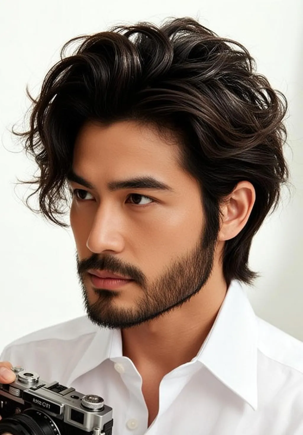 Young Dark Wavy Medium Length Tan White