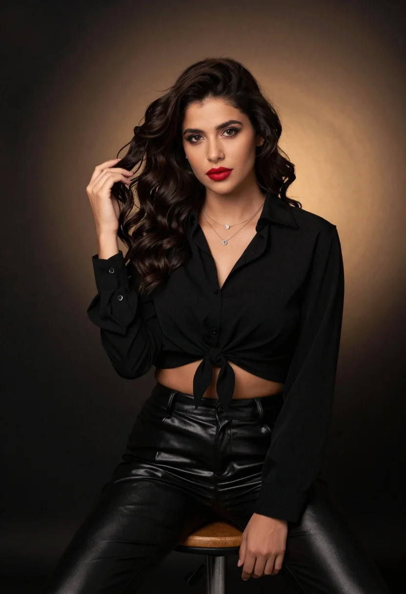 Studio Portrait Young Woman With Dark Brown Wavy Hair And reference photo